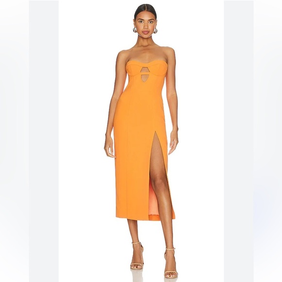 REVOLVE Dresses & Skirts - Revolve Bardot Brisa Bandeau Midi Vibrant Orange Midi Dress with Thigh Slit